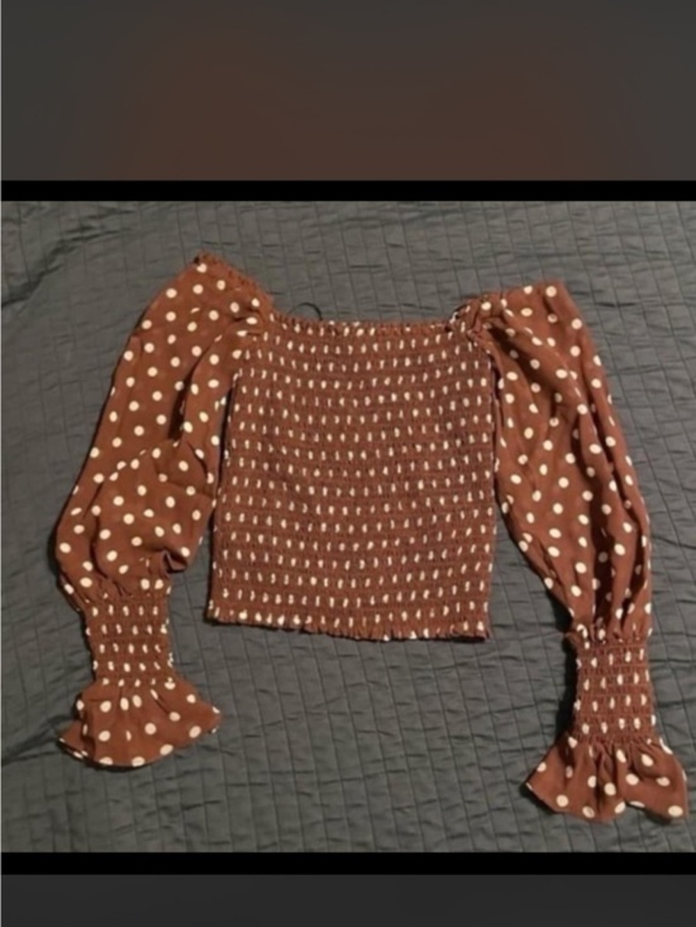 Reformation Heaven Top Au Lait Polka Dots Brown off shoulder smocked top Blouse